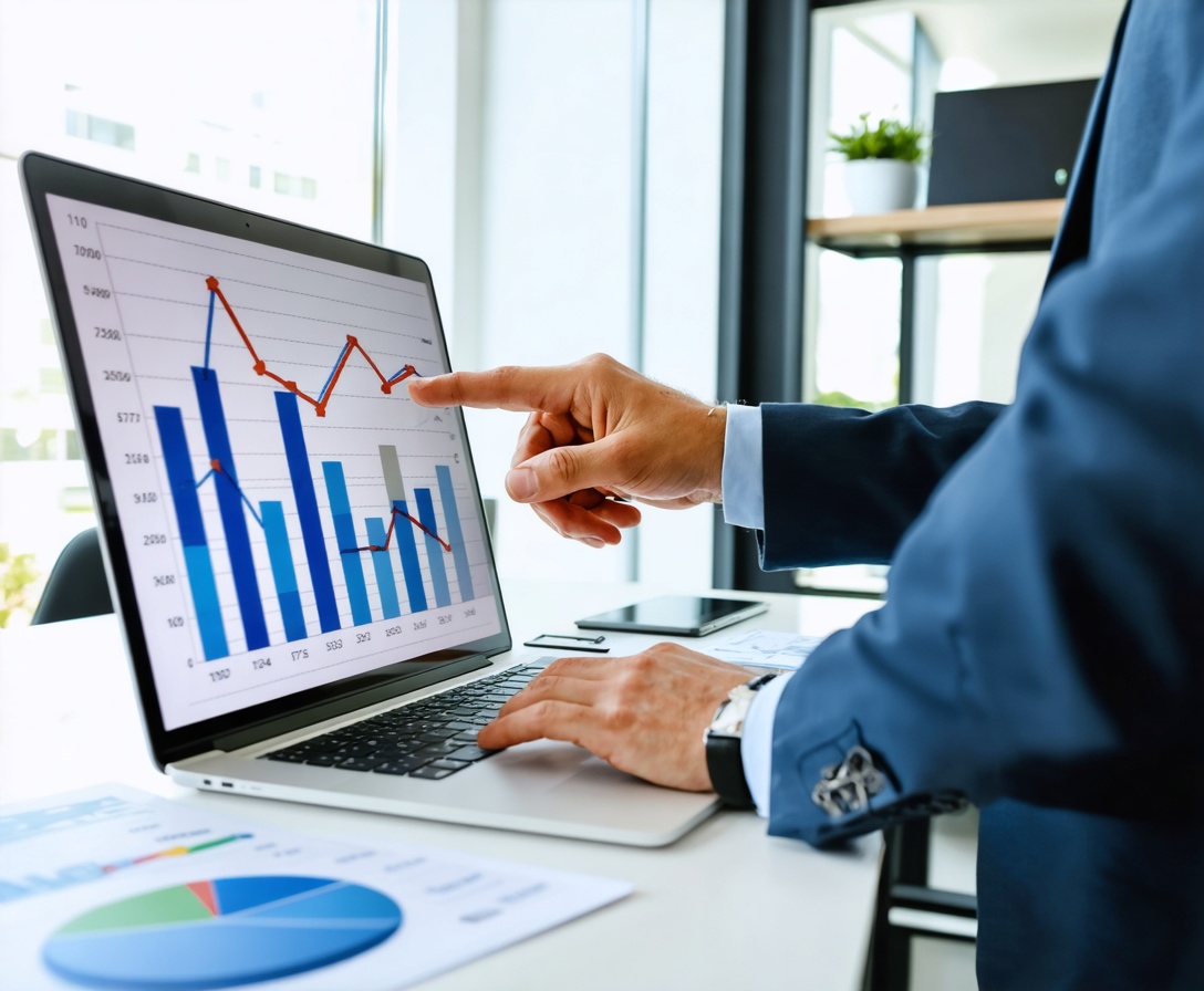 Obchodný konzultant ukazuje na graf finančného rastu na obrazovke laptopu