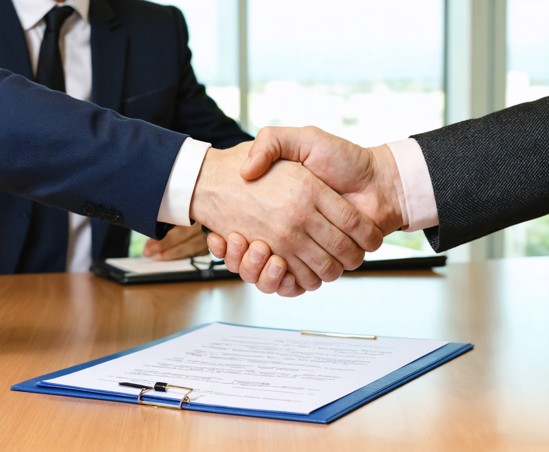 Dvaja profesionáli si podávajú ruky nad podpísanou zmluvou