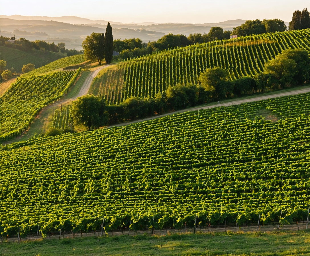Letecký pohľad na slnečný tokajský vinohrad na Slovensku počas zlatej hodinky