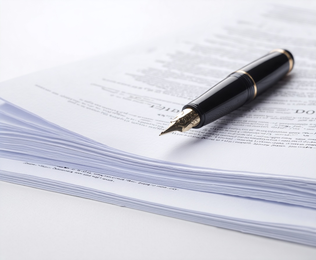 Detailný záber na plniace pero na kope profesionálnych dokumentov