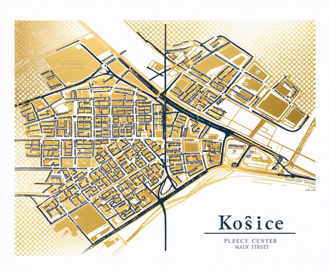 Minimalistická štylizovaná mapa centra Košíc so zvýraznenou Hlavnou ulicou