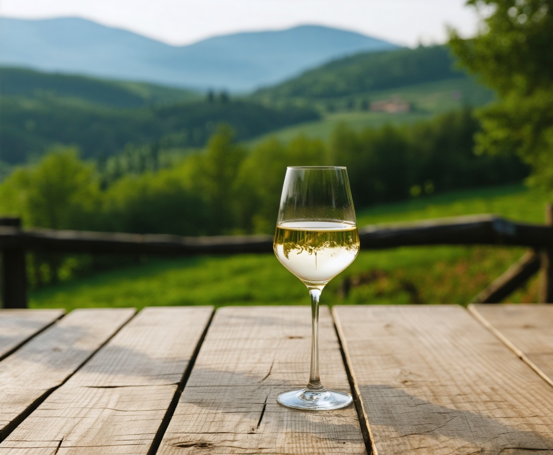 Pohár bieleho tokajského vína na rustikálnom stole s výhľadom na vinohrady